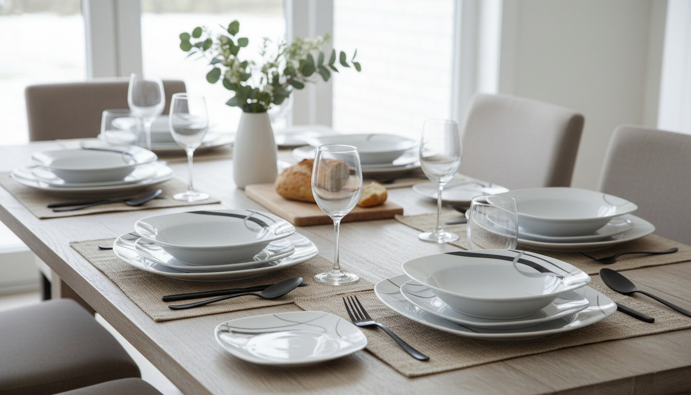Square Porcelain Dinnerware Set for 6 (18 Pc, Black Rim)