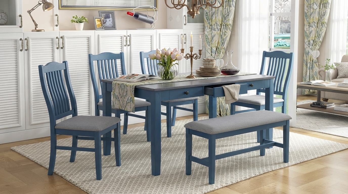6-Piece Farmhouse Dining Set: Chairs + Bench Comfort